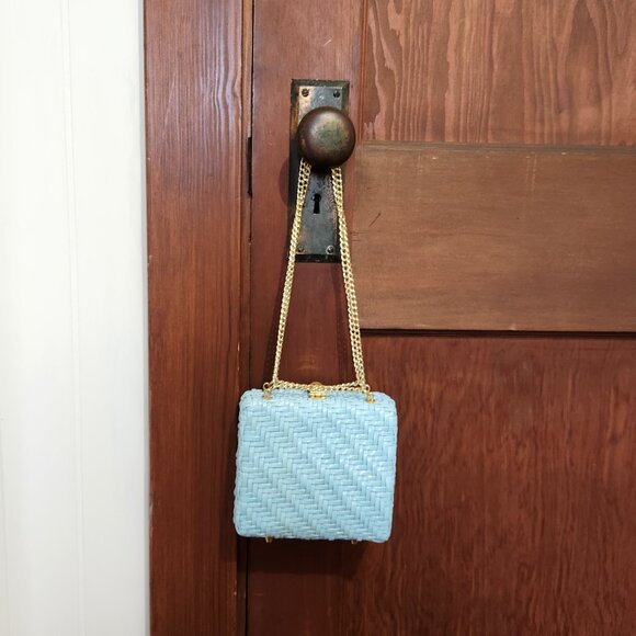 Vintage Made In Hong Kong Blue Vinyl Woven Bag - Picture 1 of 8